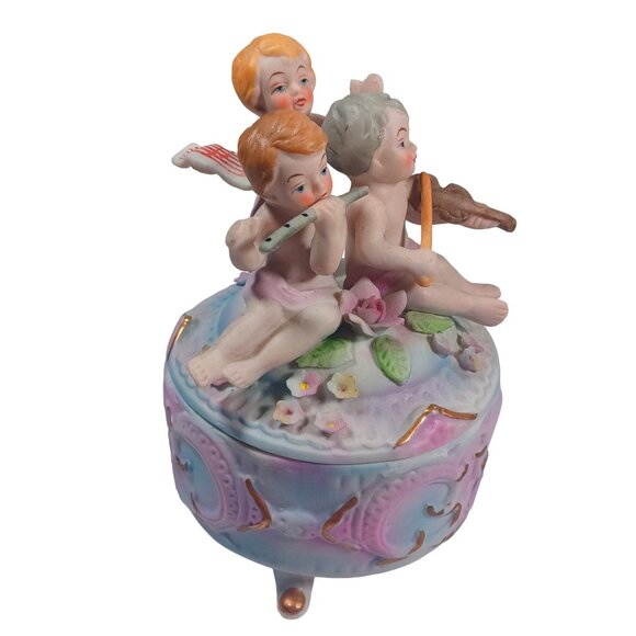 Vintage Norleans Footed Cherub Musi Porcelain Bisque Jewelry Trinket Dresser Box - Picture 9 of 13
